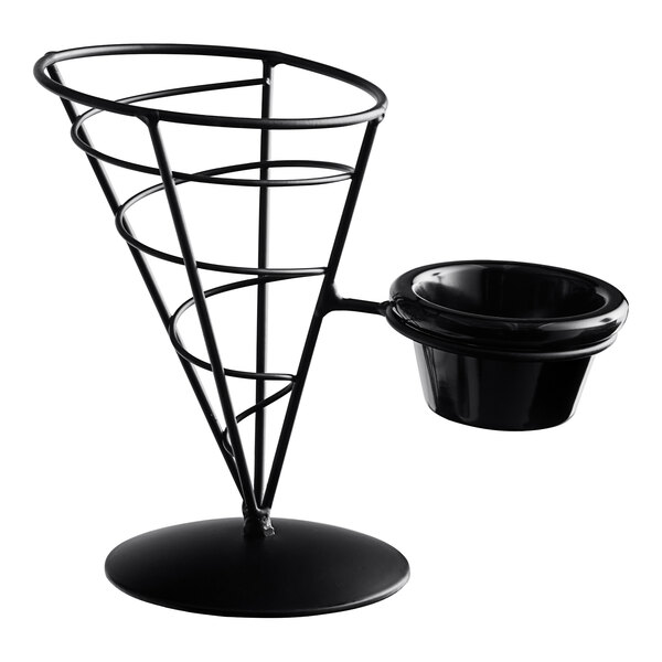 A Tablecraft black metal wire cone basket with a cup holder on top.