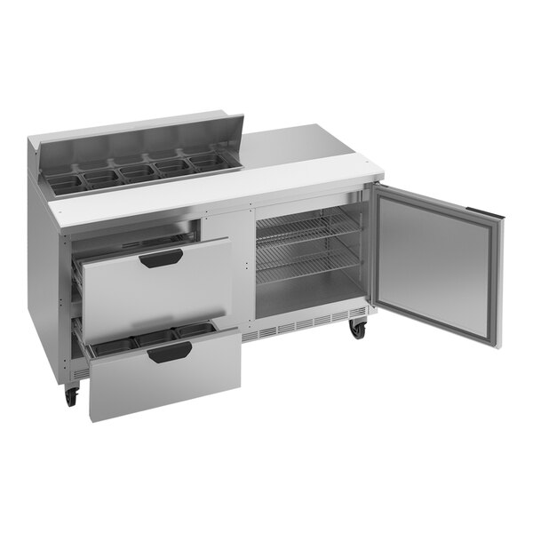 A stainless steel Beverage-Air refrigerator with 1 door and 2 drawers.