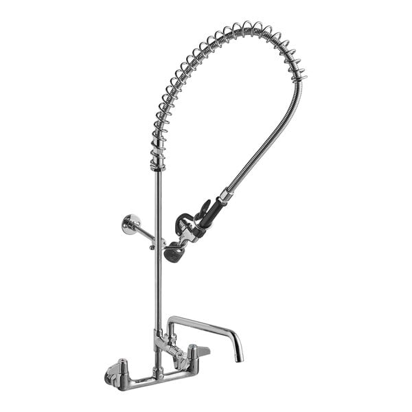 A chrome Equip by T&S wall mounted pre-rinse faucet with a hose attachment and lever handles.