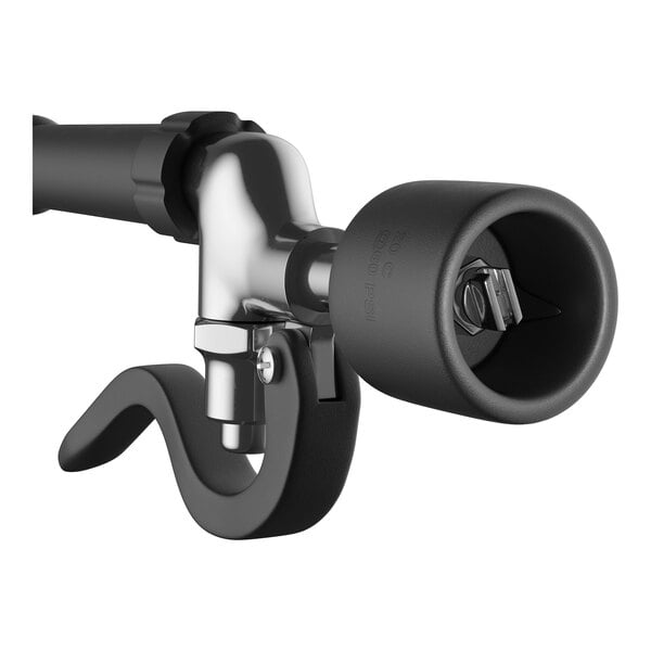 A wall mounted pre-rinse faucet with an attached spray valve and lever handle.