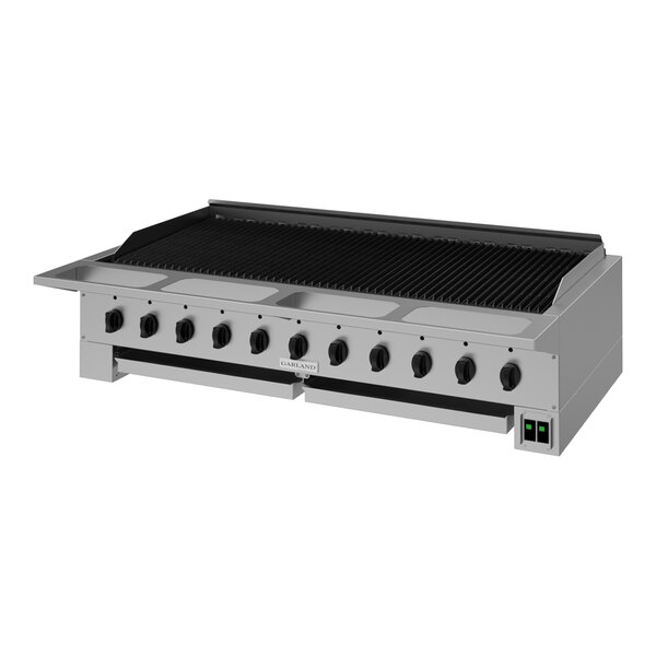 A large stainless steel natural gas radiant charbroiler with multiple control knobs and a grilling surface.