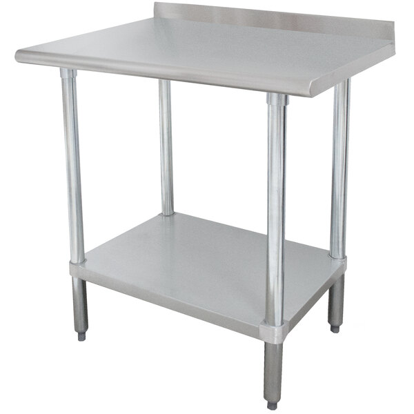 An Advance Tabco stainless steel work table with undershelf and backsplash.