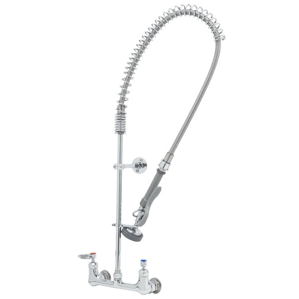 A T&S chrome wall mounted pre-rinse faucet with a hose.