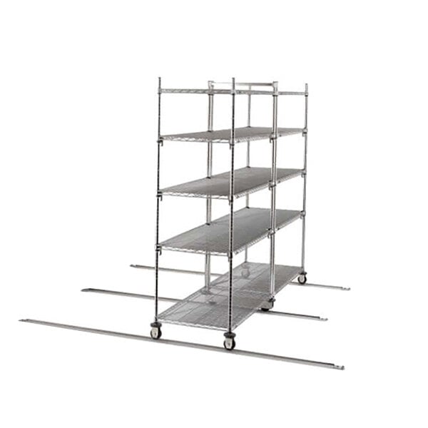 A chrome Metro qwikTRAK double deep mobile unit with 4 shelves and wheels.
