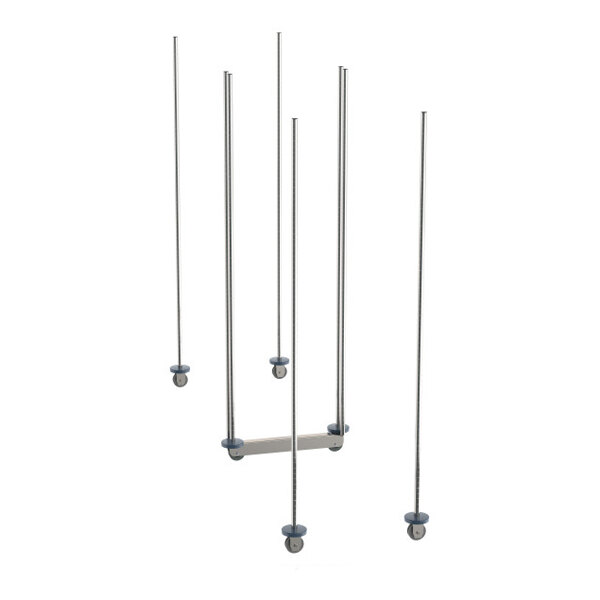 A chrome double deep mobile shelving unit kit with multiple vertical rods and a base, designed for 21-inch wide shelves.