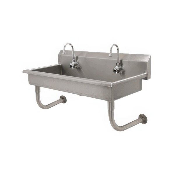 A stainless steel Advance Tabco hand sink with two electronic faucets.