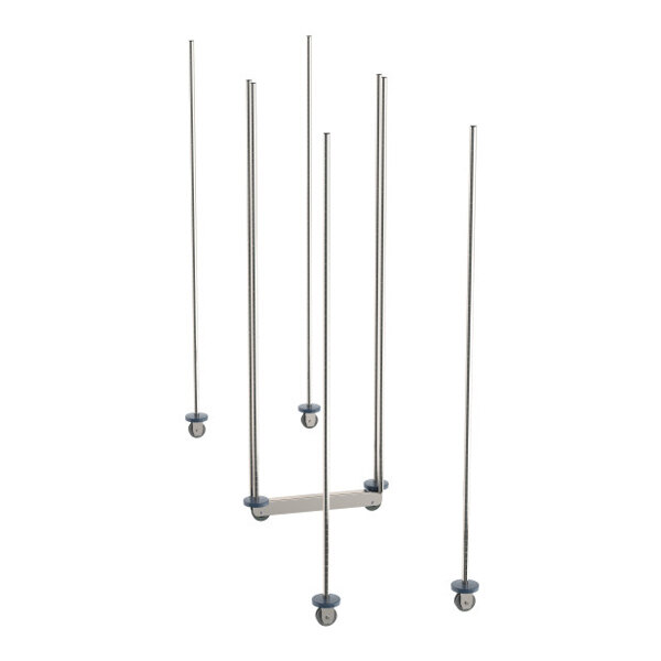 A stainless steel double deep mobile shelving unit kit with vertical rods and base for 18-inch wide shelves.