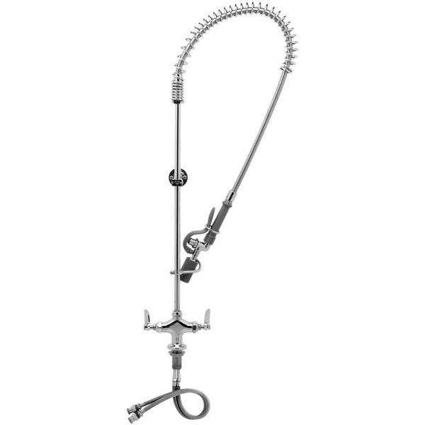A chrome T&S deck mounted pre-rinse faucet with a hose attached.