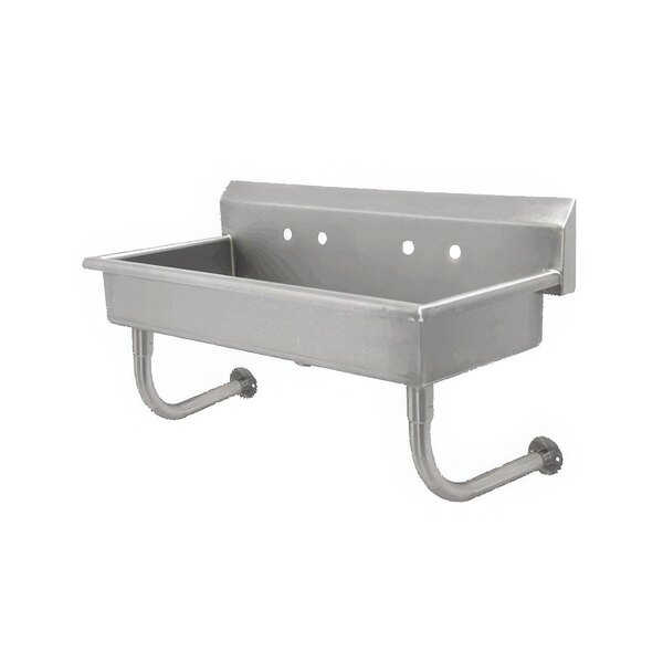 A stainless steel Advance Tabco multi-station hand sink with two holes in the back.