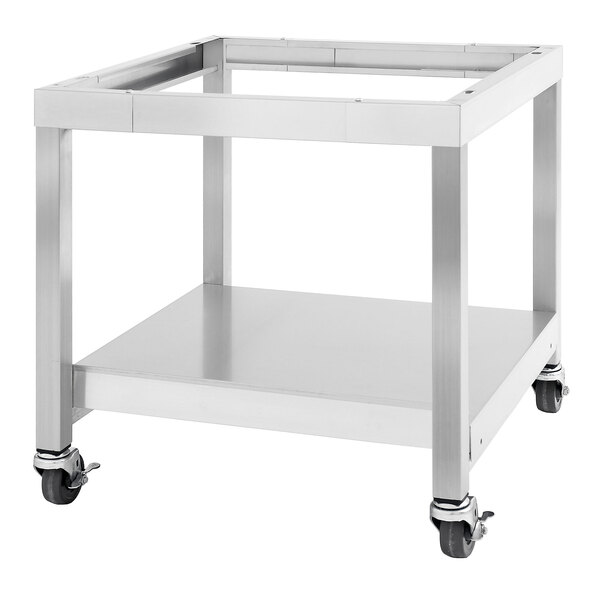 A stainless steel Garland mobile equipment stand with wheels.