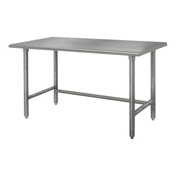 A stainless steel Advance Tabco work table with galvanized legs.