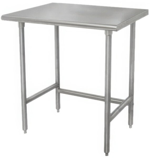 A rectangular stainless steel Advance Tabco work table with galvanized legs.