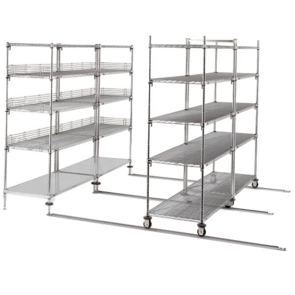 Metro qwikTRAK double deep floor track shelving unit with two shelves on wheels.