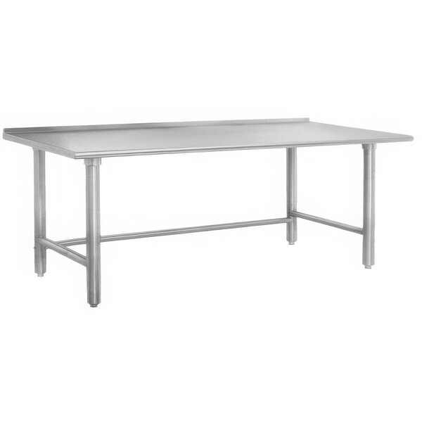 An Advance Tabco stainless steel work table with galvanized legs and a backsplash.