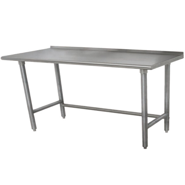 A stainless steel Advance Tabco work table with legs.