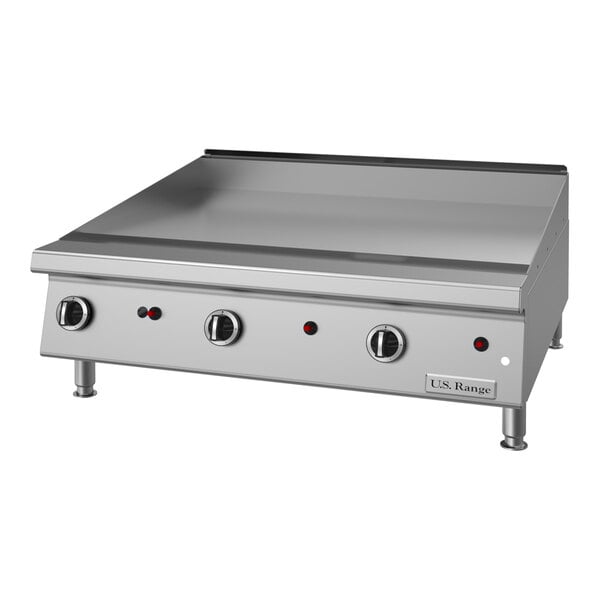 A stainless steel 36-inch liquid propane countertop griddle with manual controls and three control knobs.