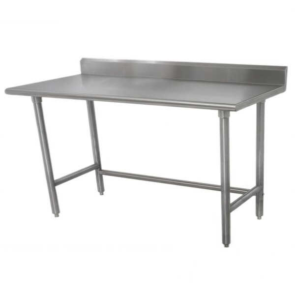 A stainless steel Advance Tabco work table with a backsplash.