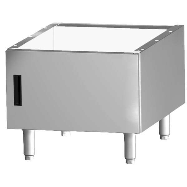 A stainless steel cabinet for a Garland G Series charbroiler with legs.