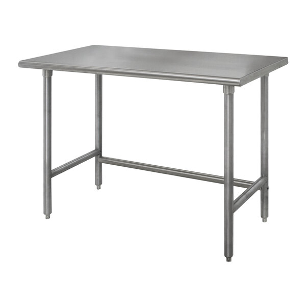 An Advance Tabco stainless steel work table with galvanized legs and a rectangular top.