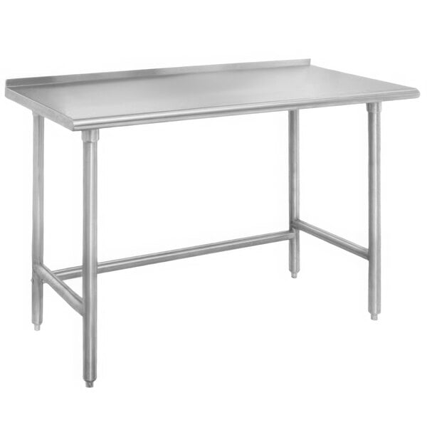 An Advance Tabco stainless steel work table with galvanized legs.