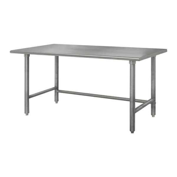 An Advance Tabco stainless steel work table with galvanized metal legs.