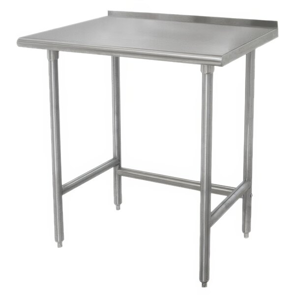 A rectangular Advance Tabco stainless steel work table with a backsplash and open base.