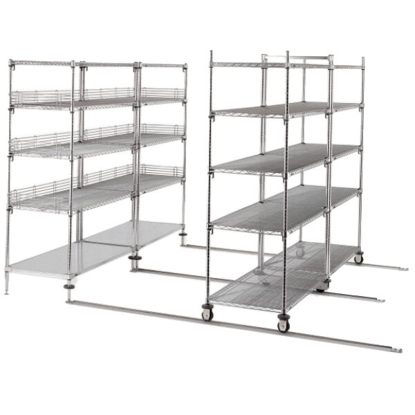 A Metro qwikTRAK metal shelving unit with wheels.