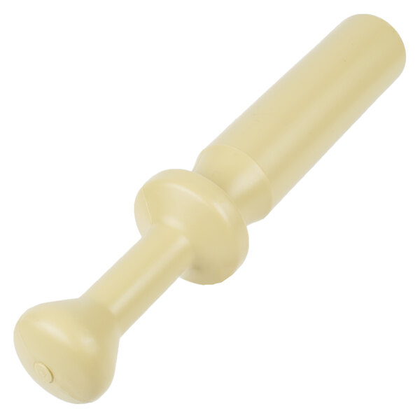 A close-up of a white plastic knob on a white background.