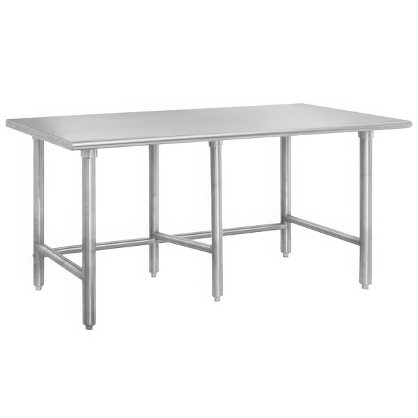 An Advance Tabco stainless steel work table with galvanized legs.