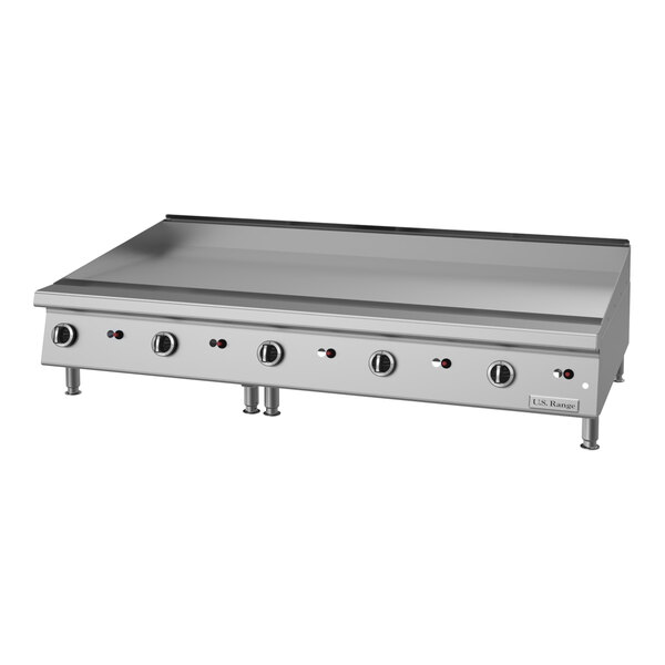 A large stainless steel countertop griddle with multiple manual control knobs, designed for heavy-duty commercial cooking.