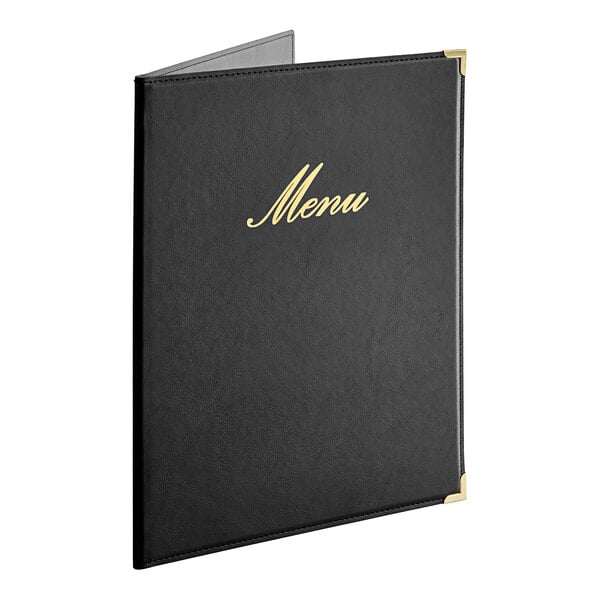 An American Metalcraft black menu cover with gold text.
