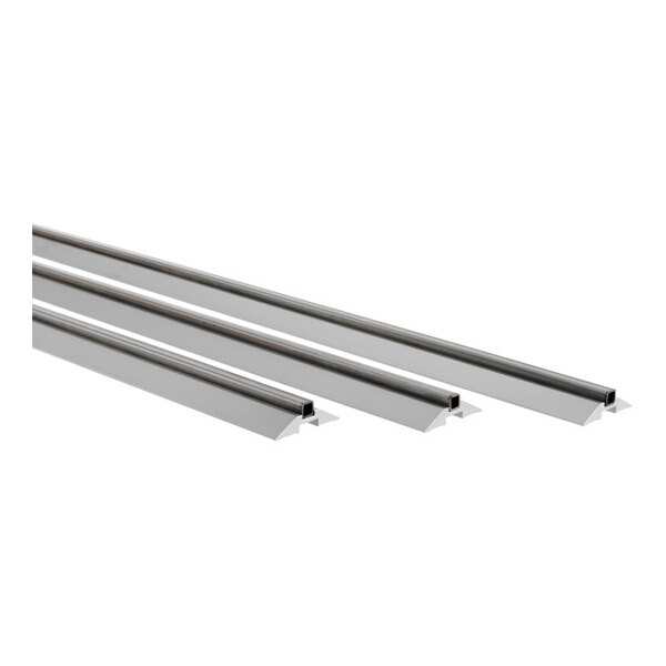 A set of three metal double deep tracks for shelving or storage systems.