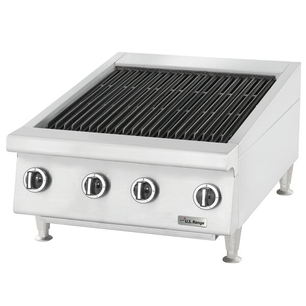 A U.S. Range stainless steel natural gas charbroiler on a counter.