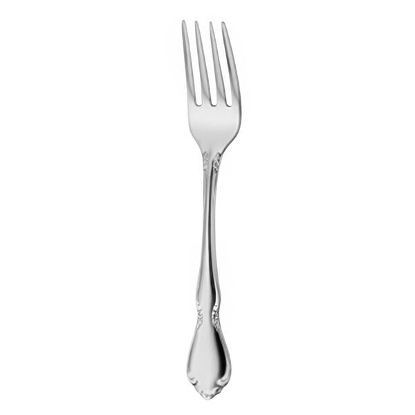 A close-up of a Oneida Chateau stainless steel children's fork with a silver handle.