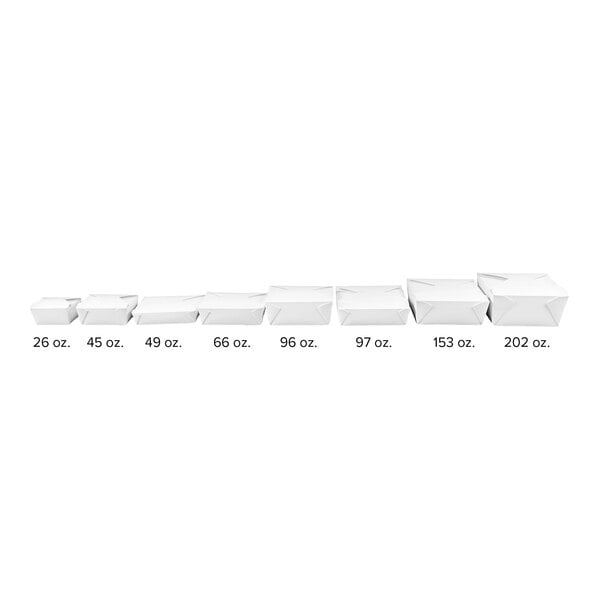 A row of white Fold-Pak Bio-Pak paper take-out boxes with measurements.