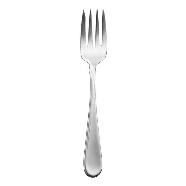 A silver fork with a black handle.