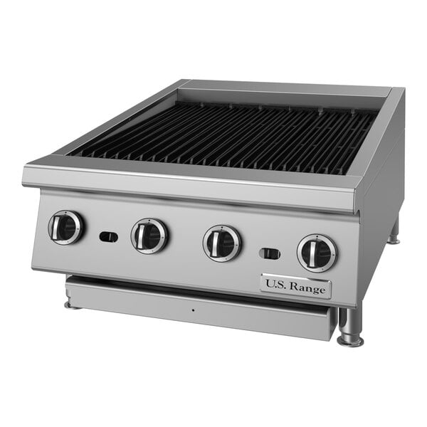 A stainless steel 24-inch natural gas radiant charbroiler with four control knobs and fixed grates.