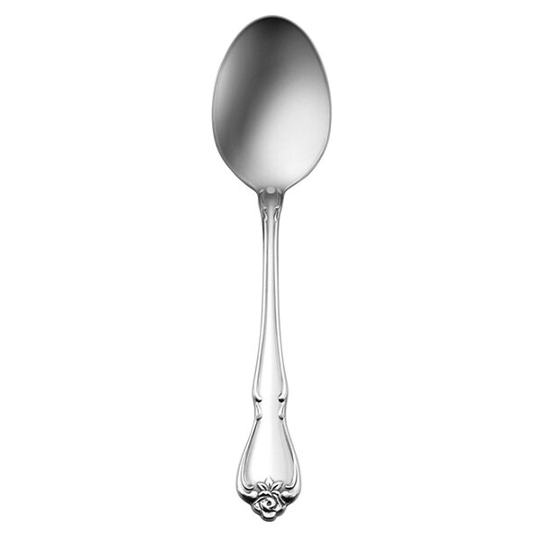 A Oneida Arbor Rose stainless steel oval bowl soup/dessert spoon with a black handle.