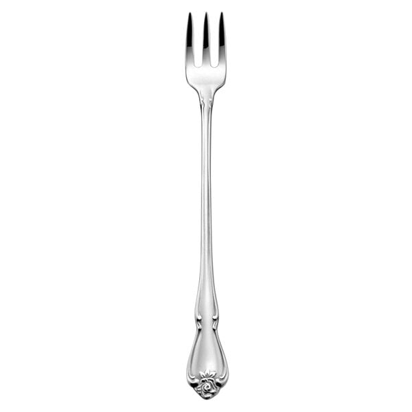 A Oneida stainless steel cocktail fork with a design on the handle.