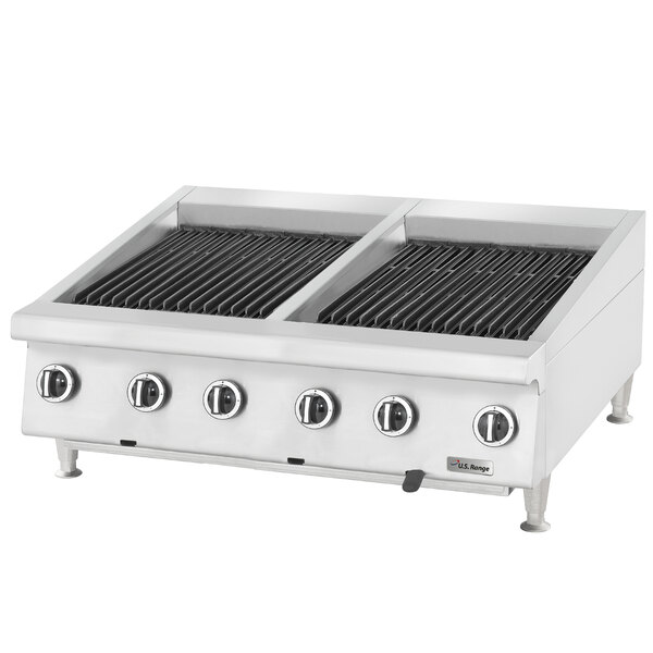 A U.S. Range natural gas charbroiler with adjustable grates over radiant burners.