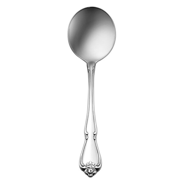 A Oneida Arbor Rose stainless steel bouillon spoon with a handle.