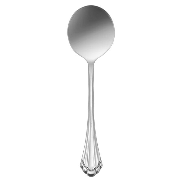 A Oneida stainless steel bouillon spoon with a handle.