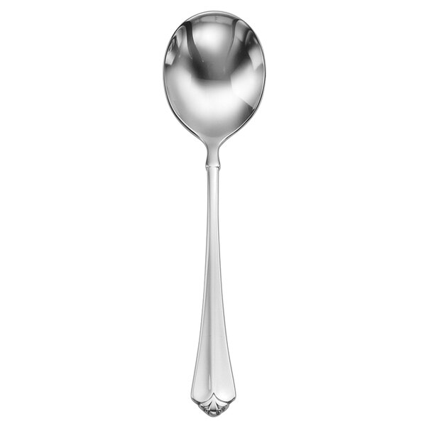 A stainless steel Oneida Juilliard soup spoon with a handle.