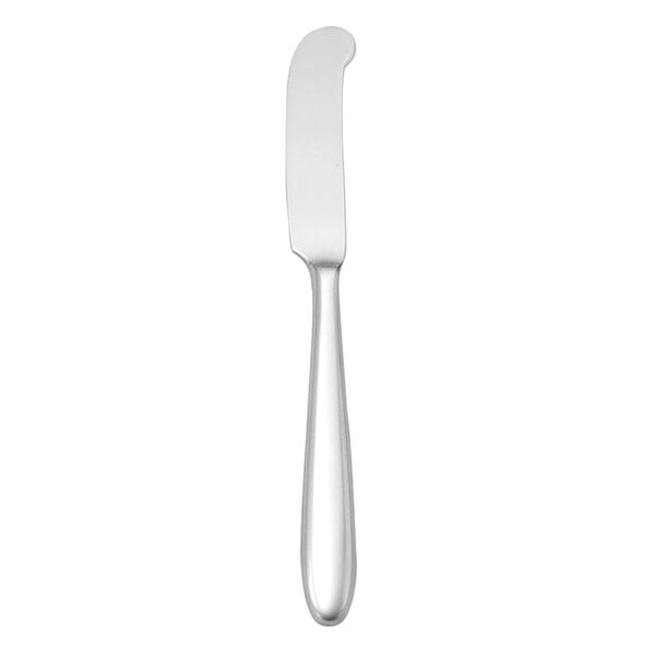 A silver butter knife with a black handle.