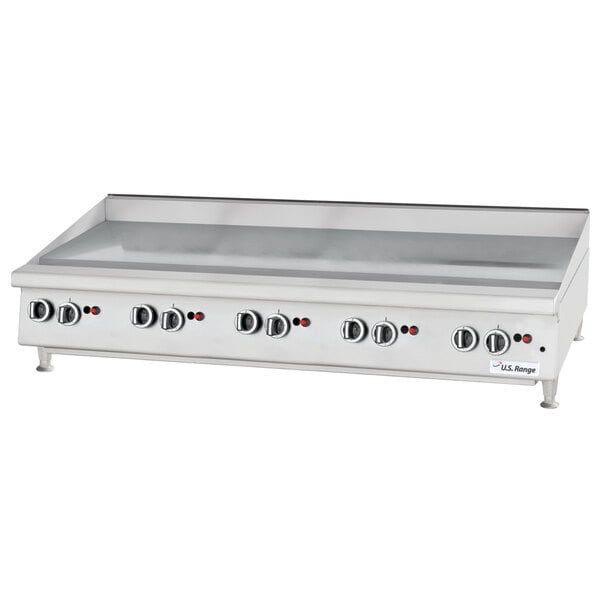 A U.S. Range stainless steel countertop griddle with thermostatic controls and knobs.