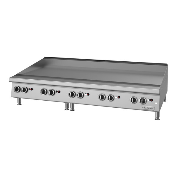 A large stainless steel 60-inch natural gas countertop griddle with multiple thermostatic controls and sturdy legs.