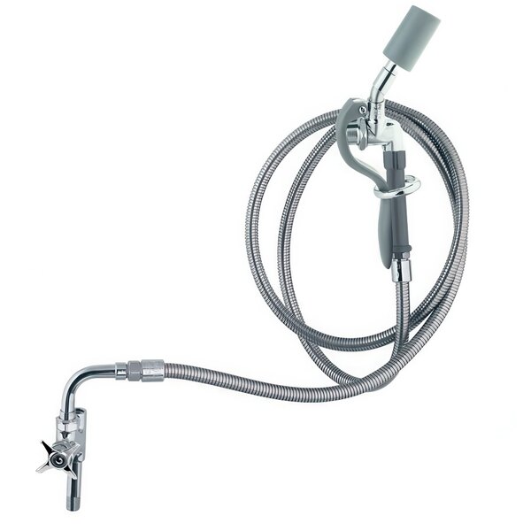 A T&S stainless steel hose with a spray nozzle attached to it.
