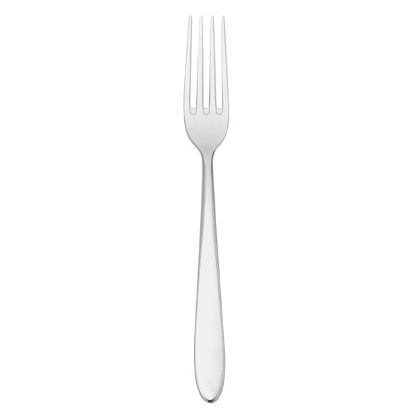 A silver fork with a white handle.