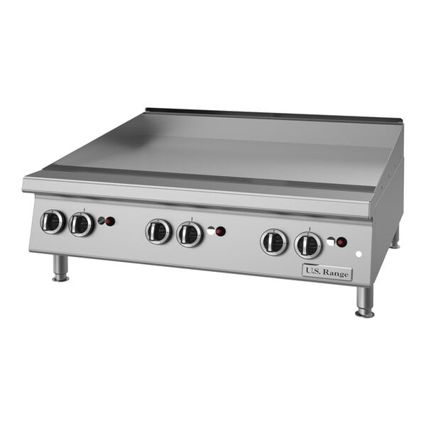 A stainless steel 36-inch natural gas countertop griddle with thermostatic controls and multiple burner knobs.
