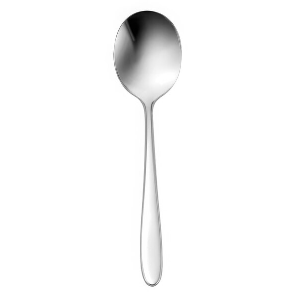 A silver spoon with a white handle.